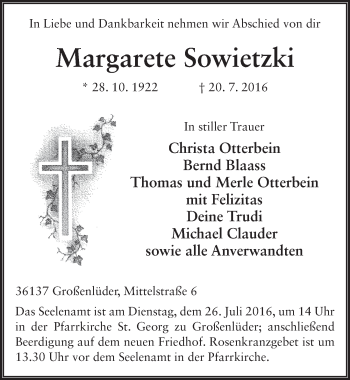 Traueranzeige von Margarete Sowietzki 