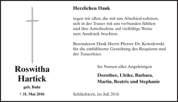 Traueranzeige von Roswitha Hartick 