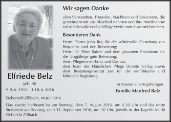 Traueranzeige von Elfriede Belz 