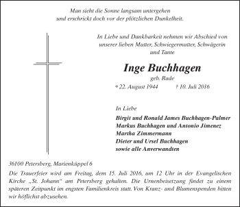 Traueranzeige von Inge Buchhagen 