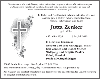 Traueranzeige von Jutta Zenker 