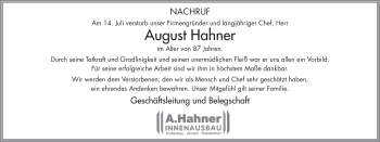 Traueranzeige von August Hahner 