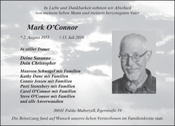 Traueranzeige von Mark O'Connor 