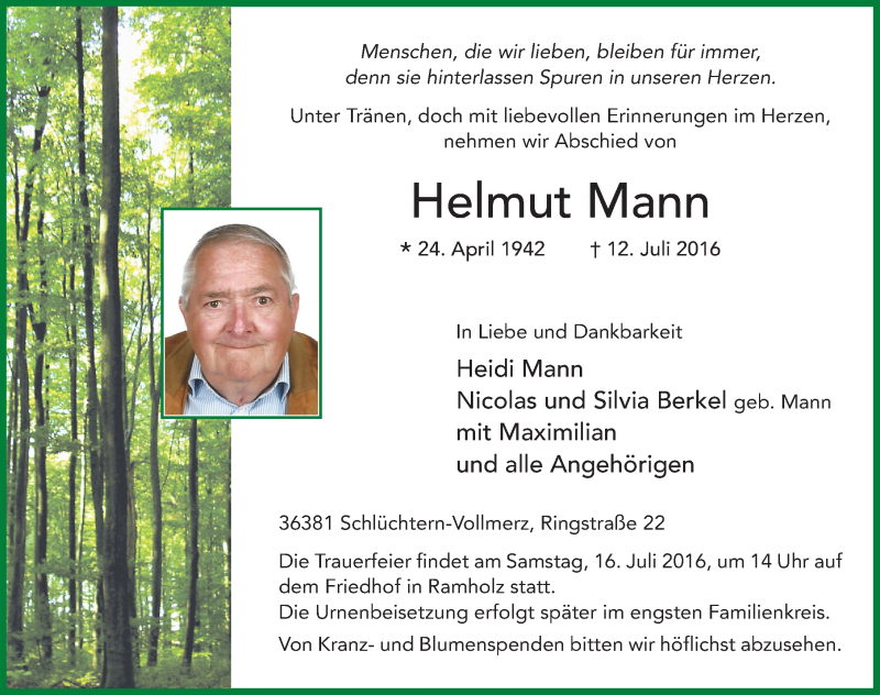  Traueranzeige für Helmut Mann vom 14.07.2016 aus 