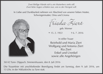Traueranzeige von Frieda Ziert 