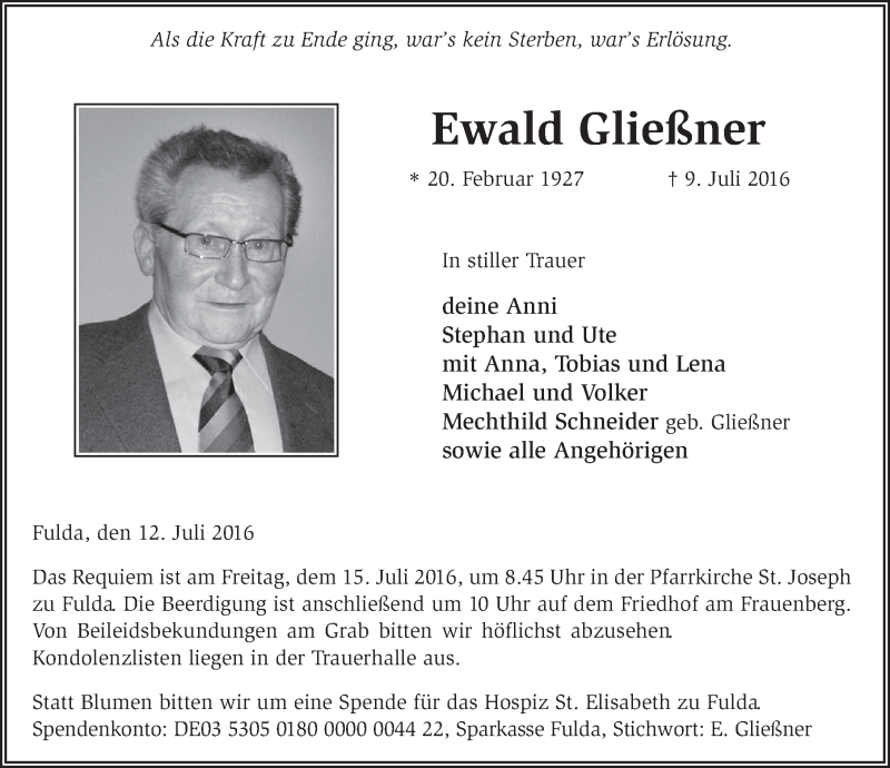  Traueranzeige für Ewald Gliessner vom 12.07.2016 aus 