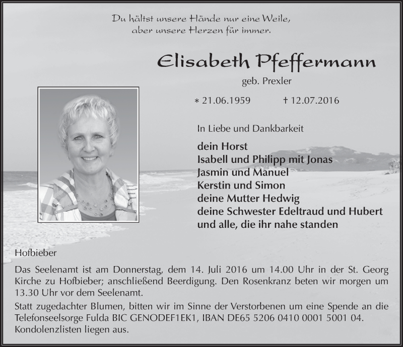  Traueranzeige für Elisabeth Pfeffermann vom 13.07.2016 aus 
