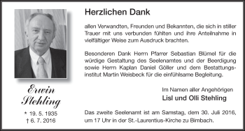 Traueranzeige von Erwin Stehling 