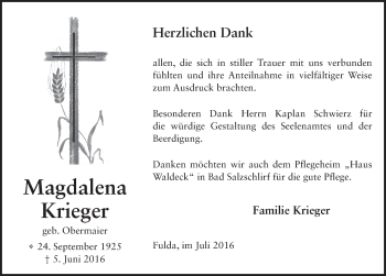Traueranzeige von Magdalena Krieger 