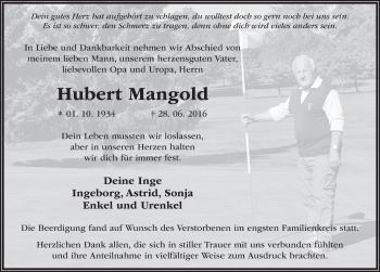 Traueranzeige von Hubert Mangold 