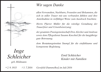 Traueranzeige von Inge Schleicher 