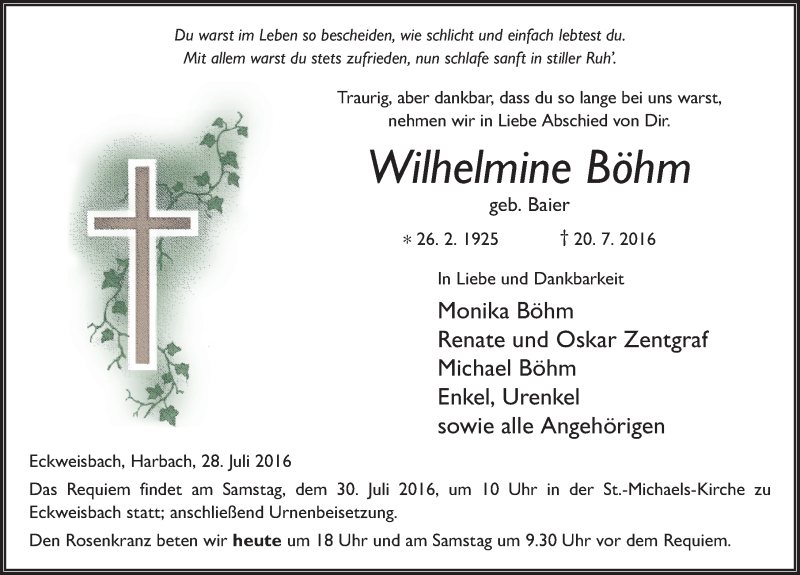  Traueranzeige für Wilhelmine Böhm vom 28.07.2016 aus 