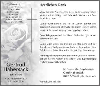 Traueranzeige von Gertrud Habersack 