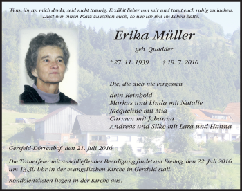 Traueranzeige von Erika Müller 