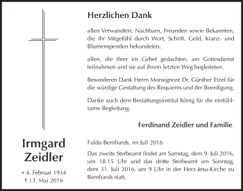 Traueranzeige von Irmgard Zeidler 