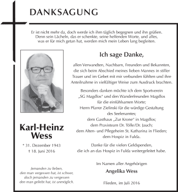 Traueranzeige von Karl-Heinz Wess 