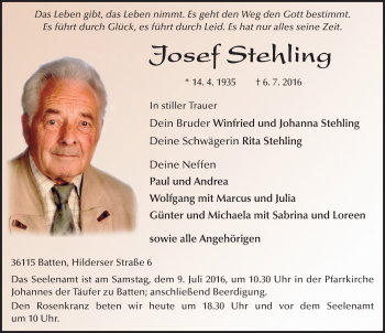 Traueranzeige von Josef Stehling 