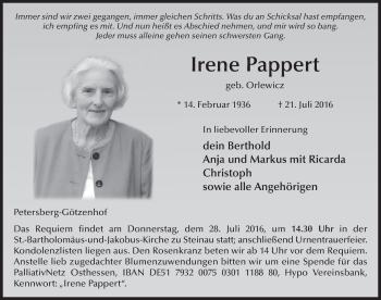 Traueranzeige von Irene Pappert 