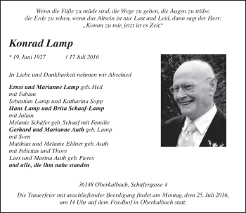 Traueranzeige von Konrad Lamp 
