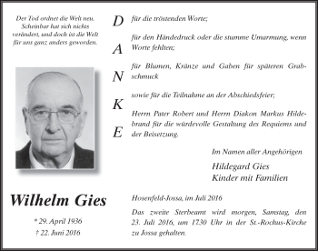 Traueranzeige von Wilhelm Gies 