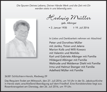 Traueranzeige von Hedwig Müller 