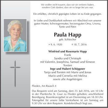 Traueranzeige von Paula Happ 