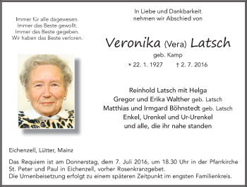 Traueranzeige von Veronika Latsch 