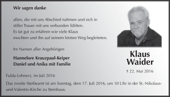 Traueranzeige von Klaus Waider 