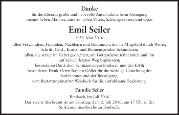Traueranzeige von Emil Seiler 