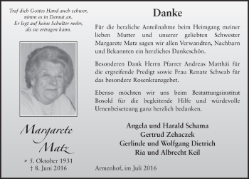 Traueranzeige von Margarete Matz 