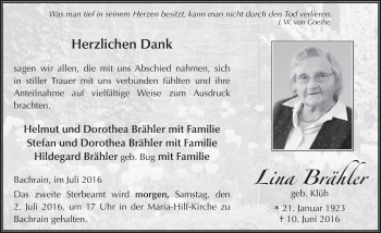 Traueranzeige von Lina Brähler 