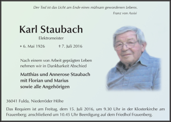 Traueranzeige von Karl Staubach 
