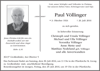 Traueranzeige von Paul Völlinger 