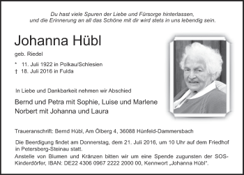 Traueranzeige von Johanna Hübl 