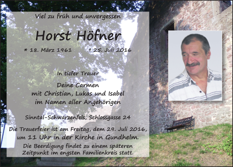  Traueranzeige für Horst Höfner vom 28.07.2016 aus 