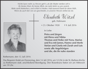 Traueranzeige von Elisabeth Witzel 
