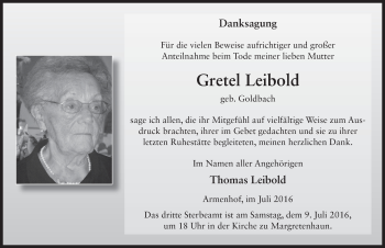 Traueranzeige von Gretel Leibold 