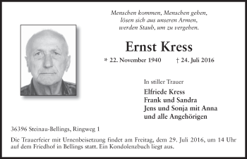 Traueranzeige von Ernst Kress 
