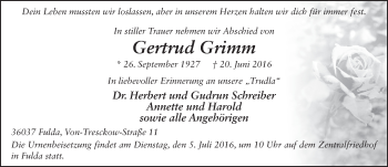 Traueranzeige von Gertrud Grimm 