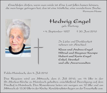 Traueranzeige von Hedwig Engel 