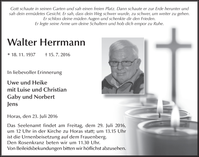  Traueranzeige für Walter Herrmann vom 23.07.2016 aus 
