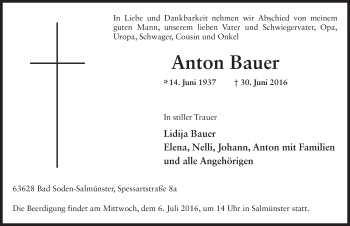 Traueranzeige von Anton Bauer 