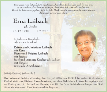 Traueranzeige von Erna Laibach 