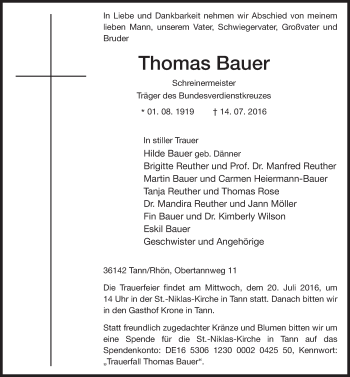 Traueranzeige von Thomas Bauer 