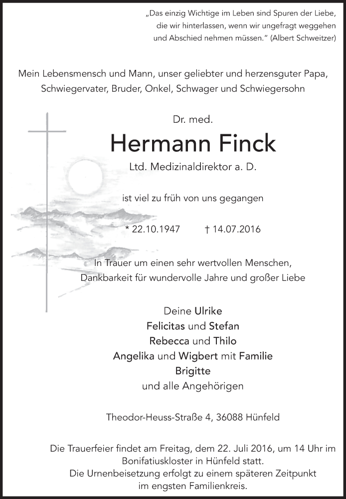  Traueranzeige für Hermann Finck vom 19.07.2016 aus 