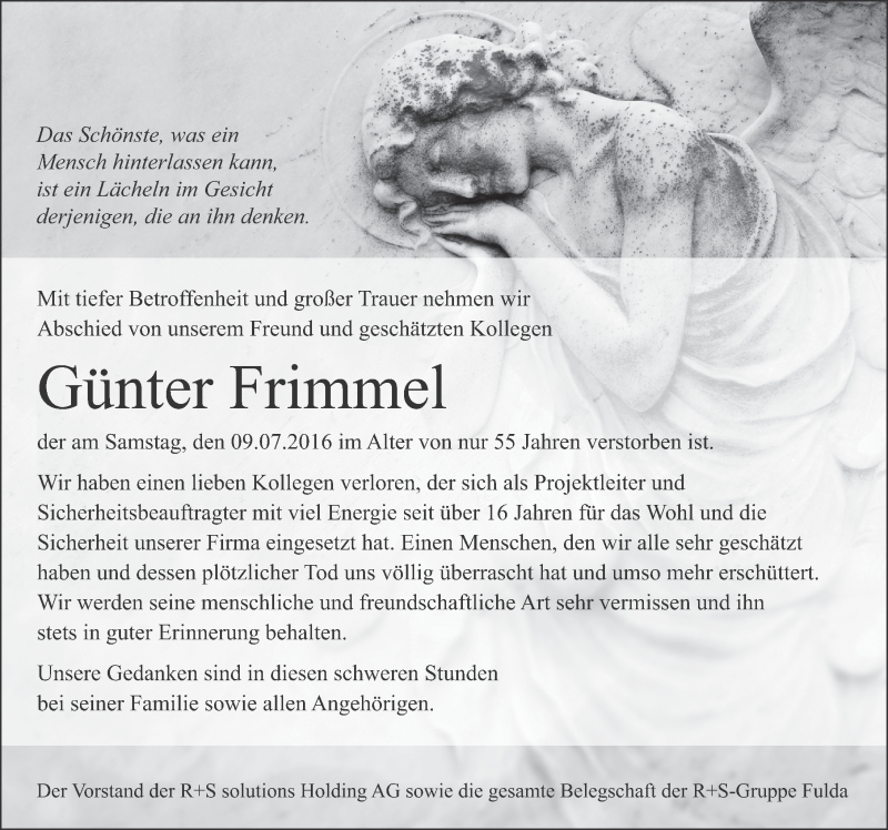  Traueranzeige für Günter Frimmel vom 16.07.2016 aus 