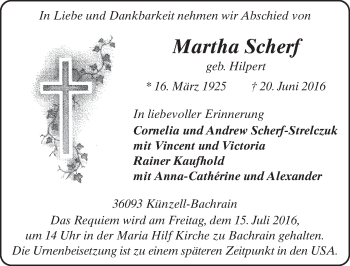 Traueranzeige von Martha Scherf 