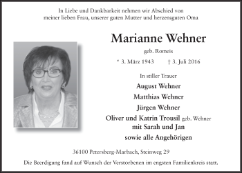 Traueranzeige von Marianne Wehner 