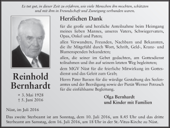 Traueranzeige von Reinhold Bernhardt 