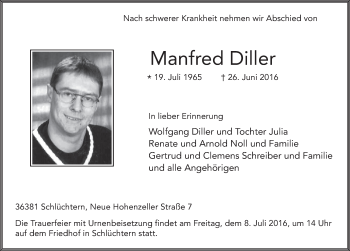 Traueranzeige von Manfred Diller 